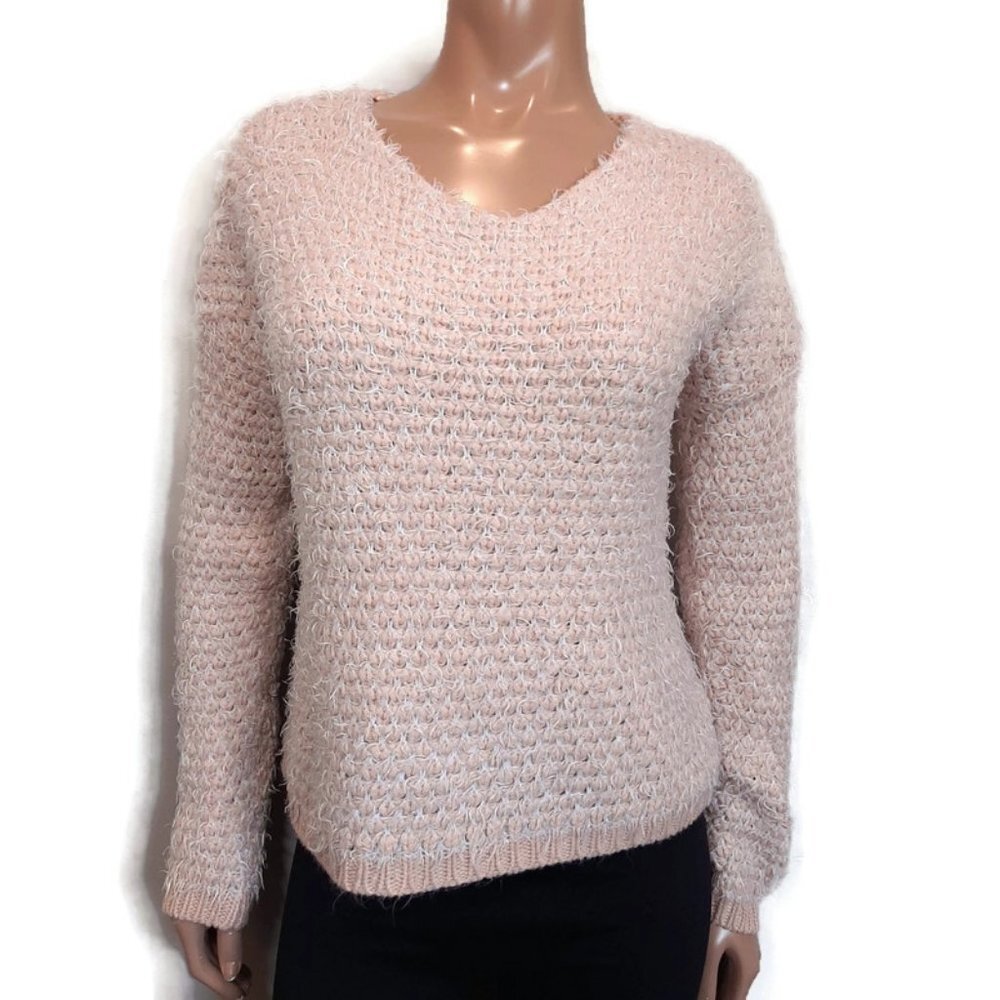Silvian Heach Denim Fuzzy Peach Knit Vneck Sweater Womens Size XS Pink